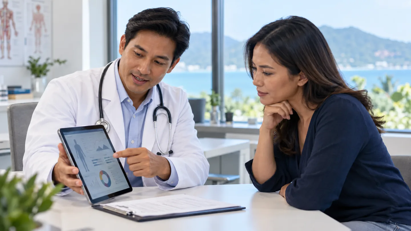 Southeast Asian doctor reviewing a personalised weight-management dashboard with an Asian patient in a Phuket clinic