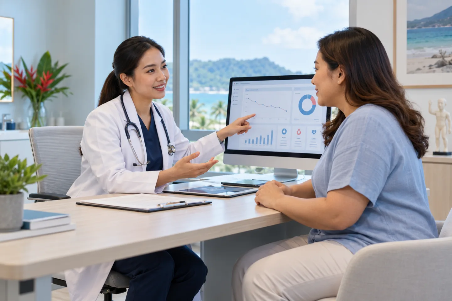 Southeast Asian female doctor and Asian patient reviewing a weight-management dashboard in a Phuket clinic