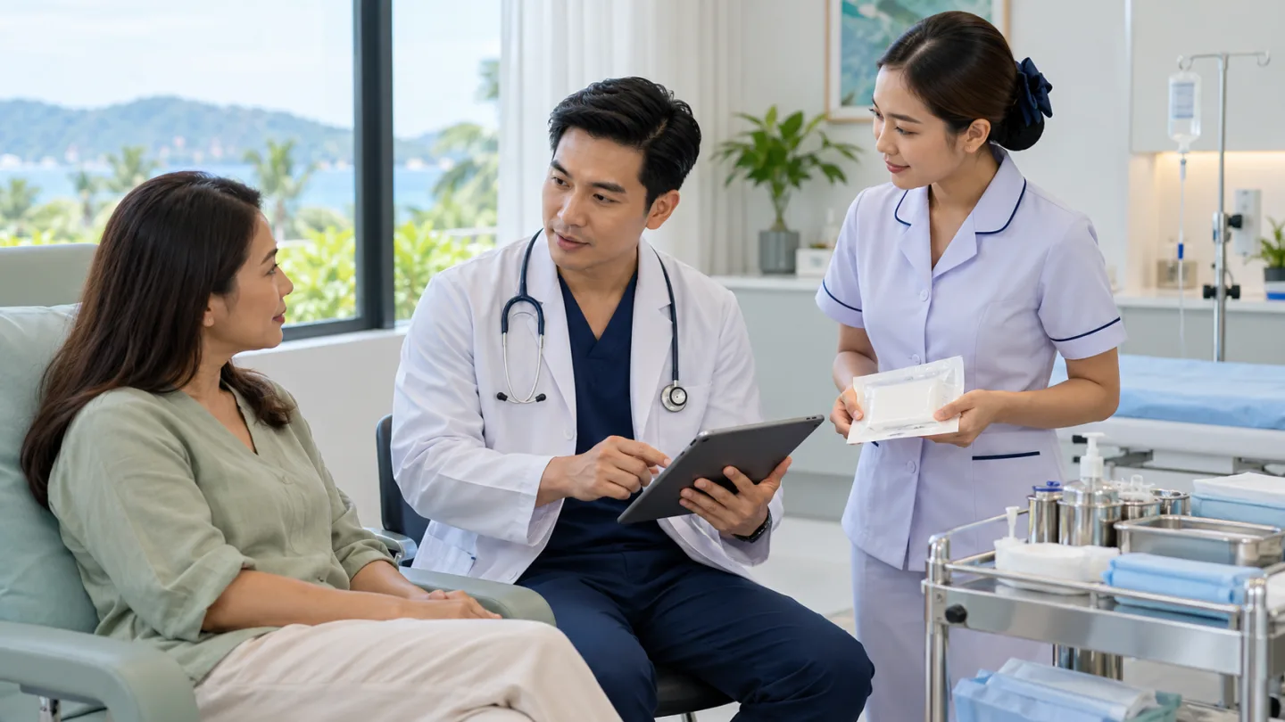 Southeast Asian doctor and Thai nurse discussing a coordinated care plan with an Asian patient at Phuket Medical Clinic